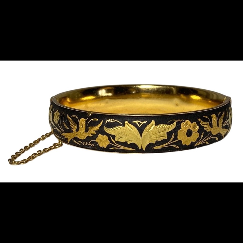 Vintage Damascene Gold Inlaid In Black Steel Hinged Bangle